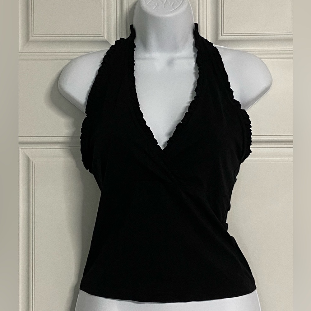 5- G.A.S. Black Ruffle Halter Bareback Top